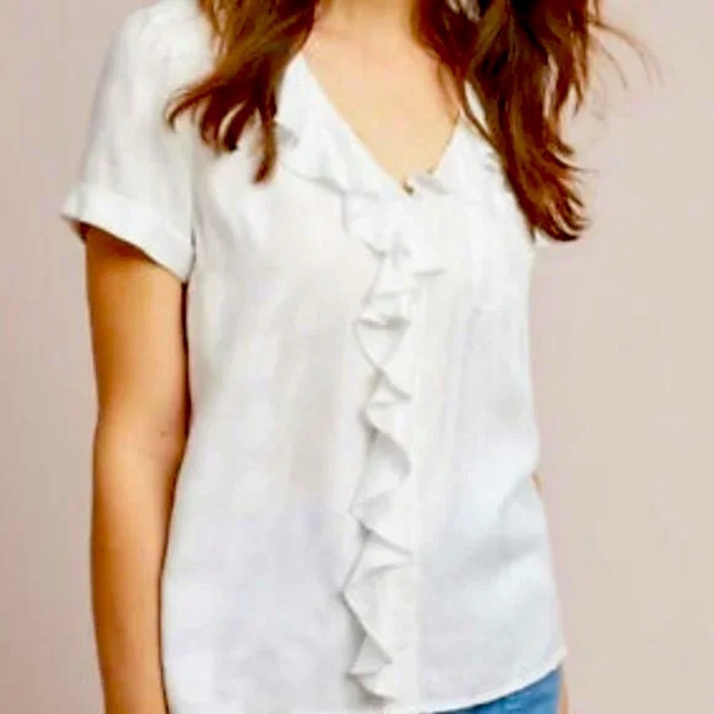 Anthropologie Maeve Jojo Ruffled Button- White Size M/P - Picture 1 of 10